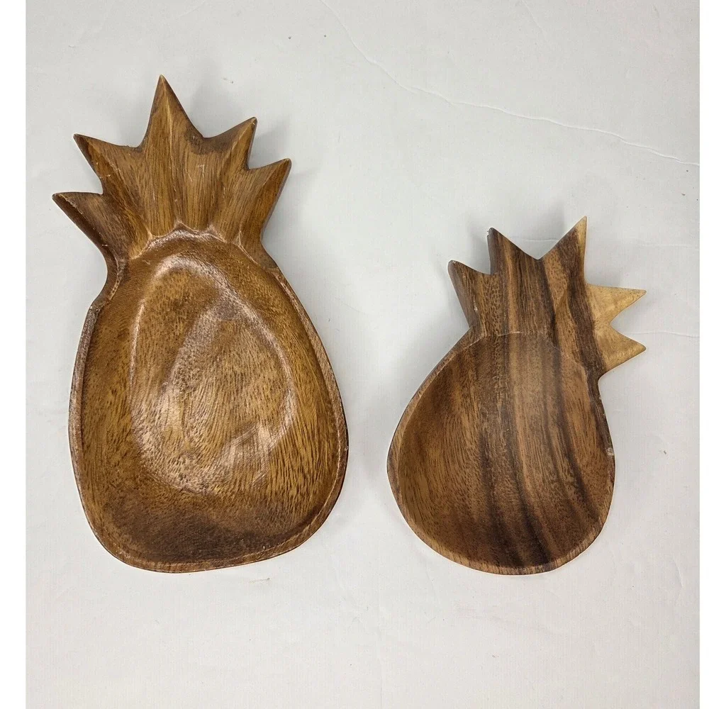 Hawaiian Hand Carved Acacia Wood Pineapple Shaped Trinket Dish Spoon Rest Set